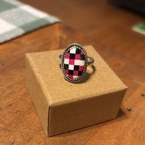 Checkered Pink and Black Ring Sterling Silver